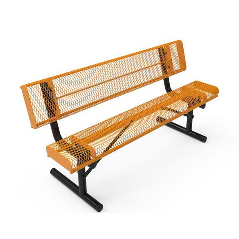 Orange metal park bench with black legs, set against a white background.