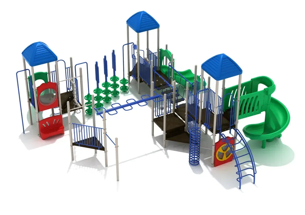 Colorful playground with slides, climbing structures, and bridges on a white background