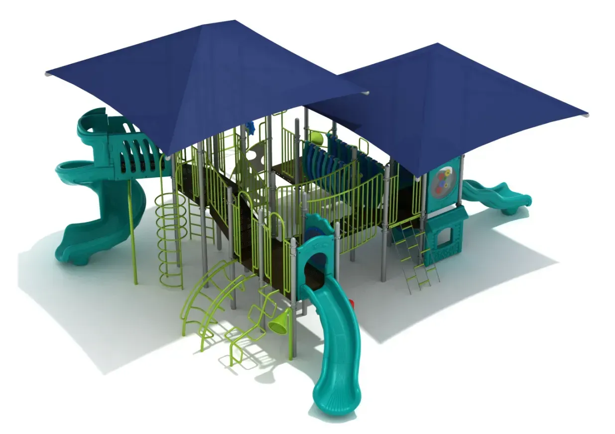 Outdoor playground structure with blue shade roofs, green climbing bars, and teal slides