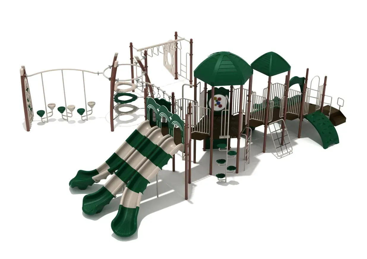 Large green-and-tan playground structure with slides, swings, climbing nets, and tunnels