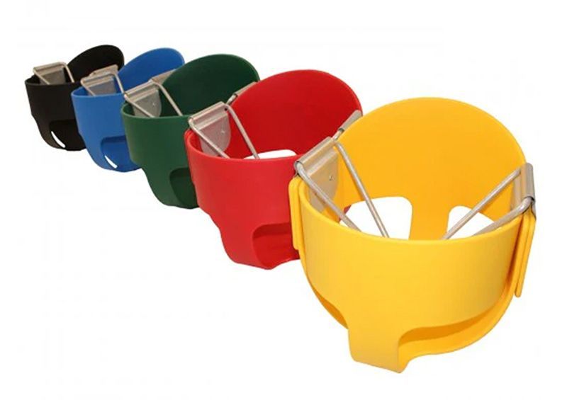 Array of colorful, plastic drink holders with silver metal clips.