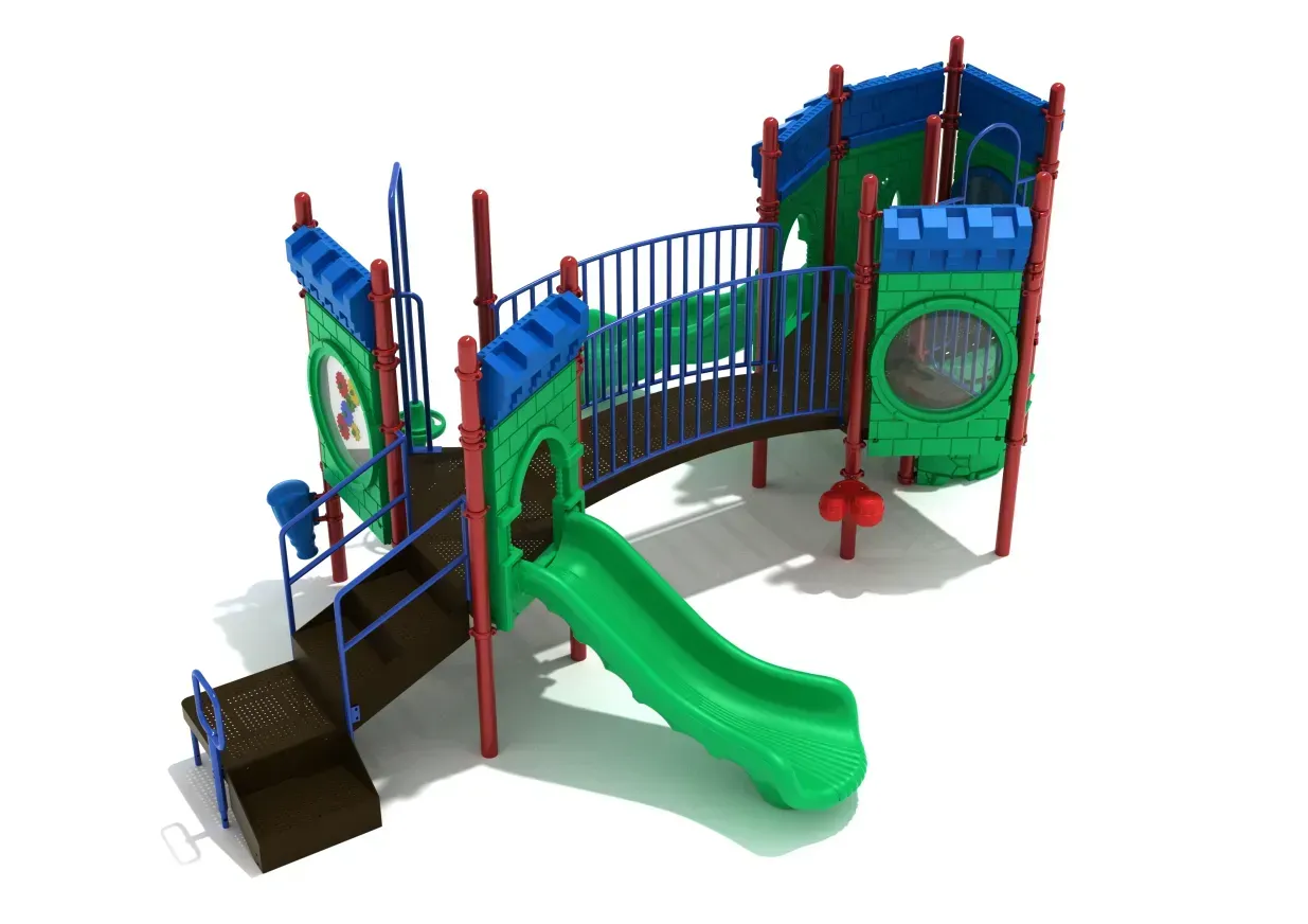 Colorful playground structure with slides, stairs, and climbing panels on a white background
