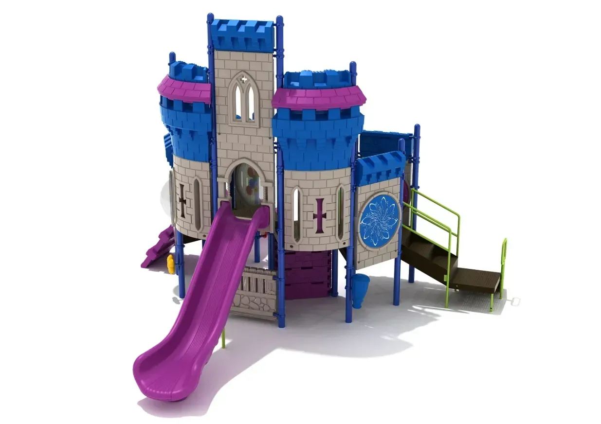 Colorful castle-themed playground with blue towers, a purple slide, and a small bridge
