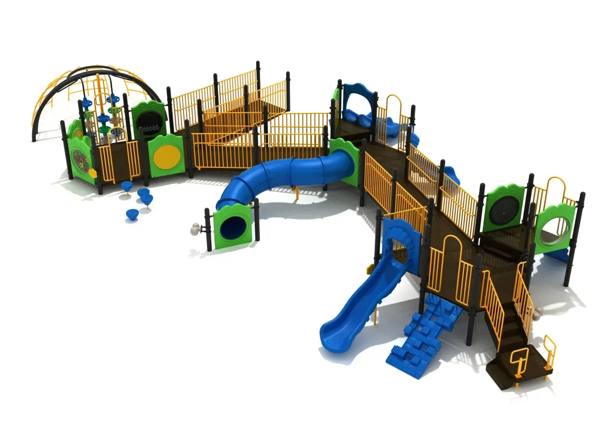 Large colorful playground with slides, climbing structures, bridges, and tunnels on a white background