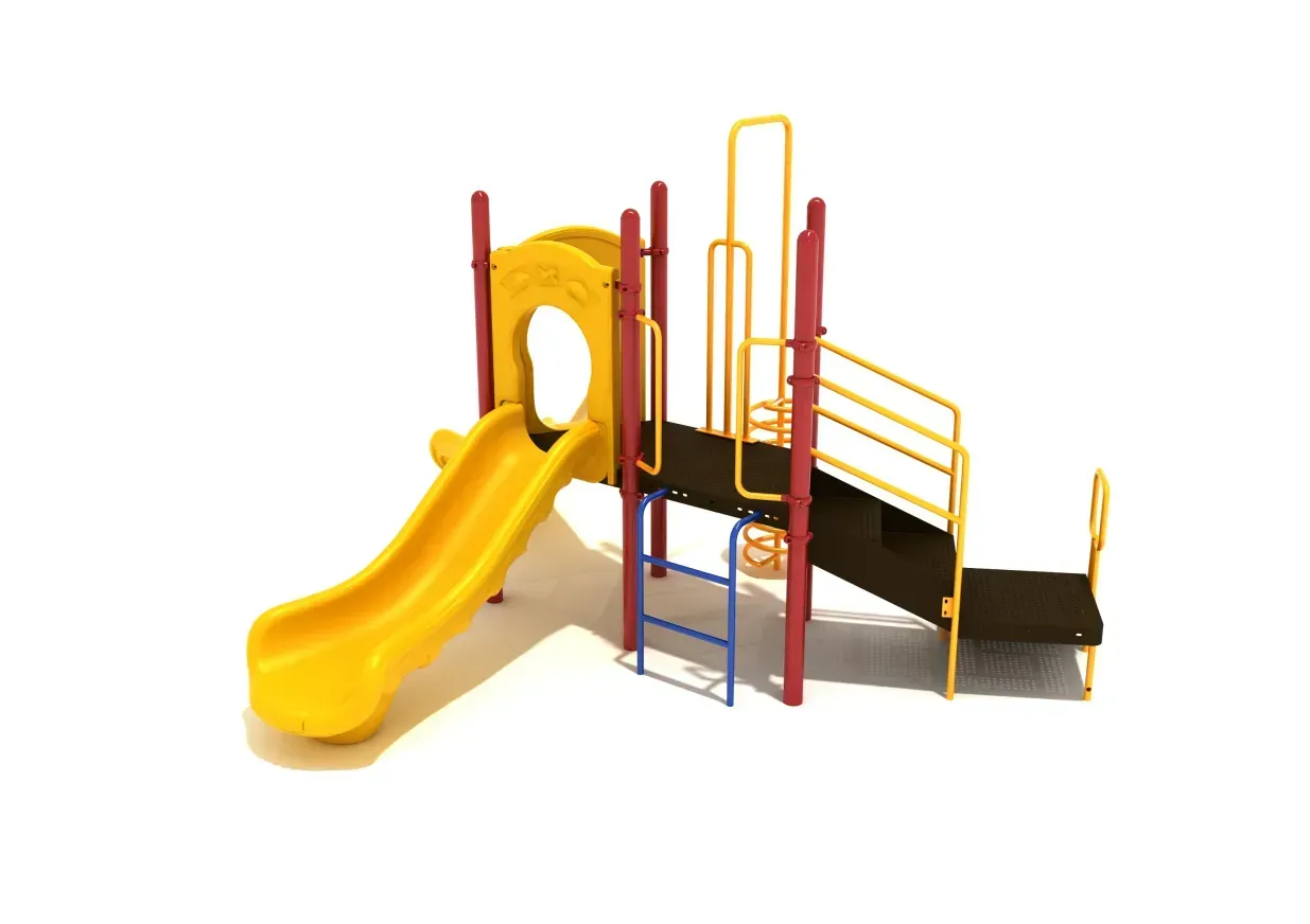 Yellow playground slide with climbing platform, red rails, and blue ladder