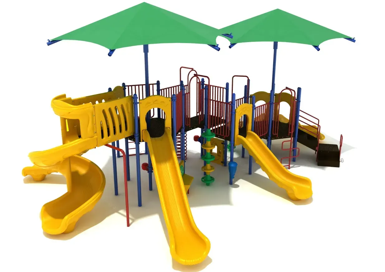 Colorful playground with yellow slides, climbing structures, and green shade umbrellas