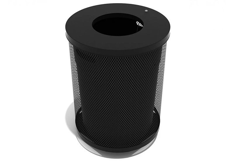 Black metal mesh trash receptacle with a circular opening on top.