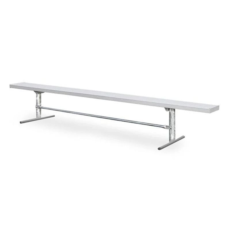Long, silver metal bench with two support legs and horizontal support bar.
