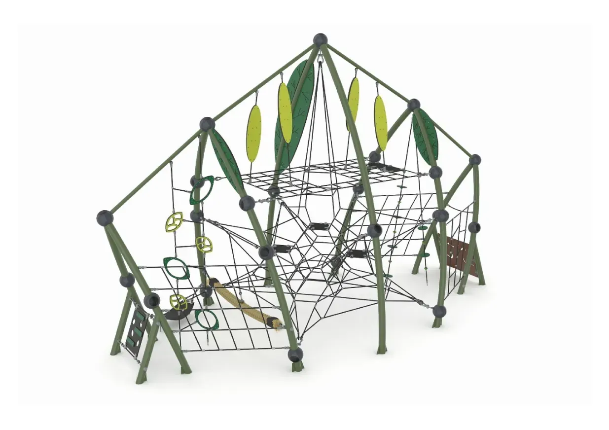 Green-and-yellow rope climbing play structure on a white background