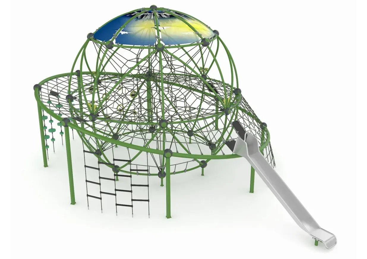 Green playground climbing dome with attached slide and yellow top panel