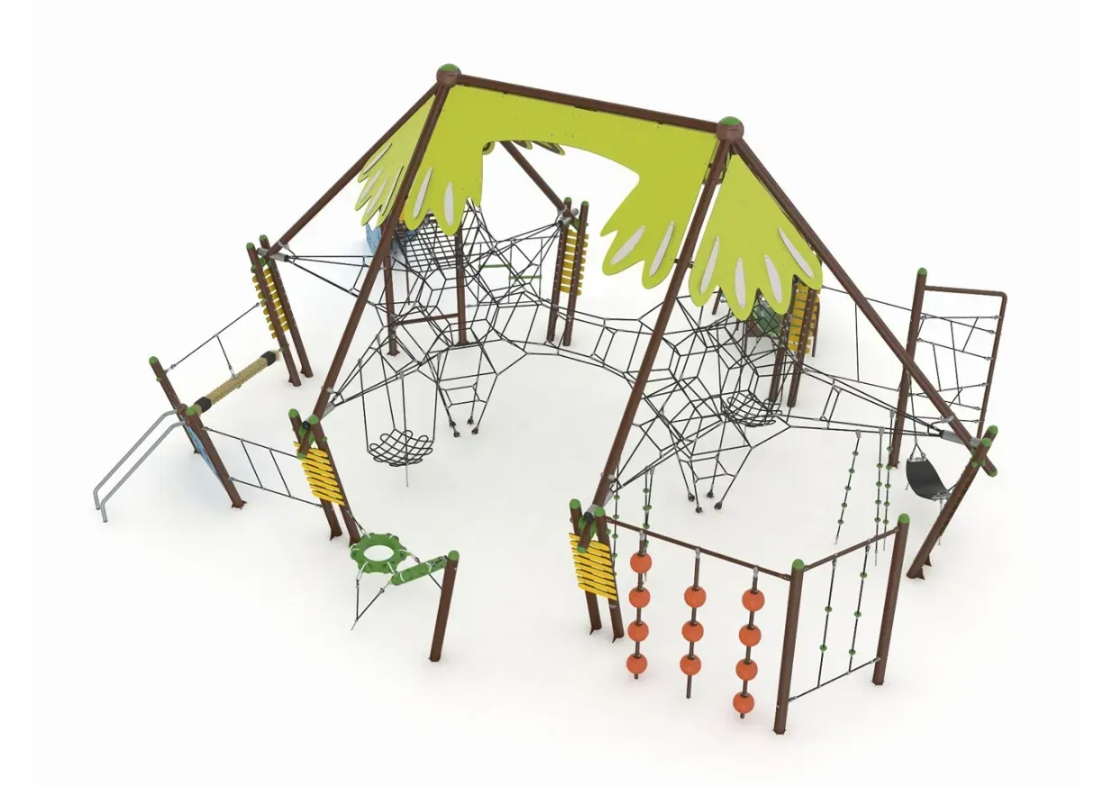 Outdoor playground structure with yellow roofs, rope climbing nets, and swing elements in a snowy setting