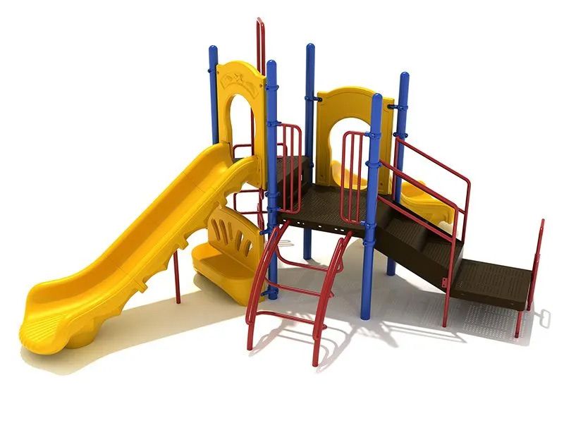 Yellow and blue playground with slide, ladder, and platform.