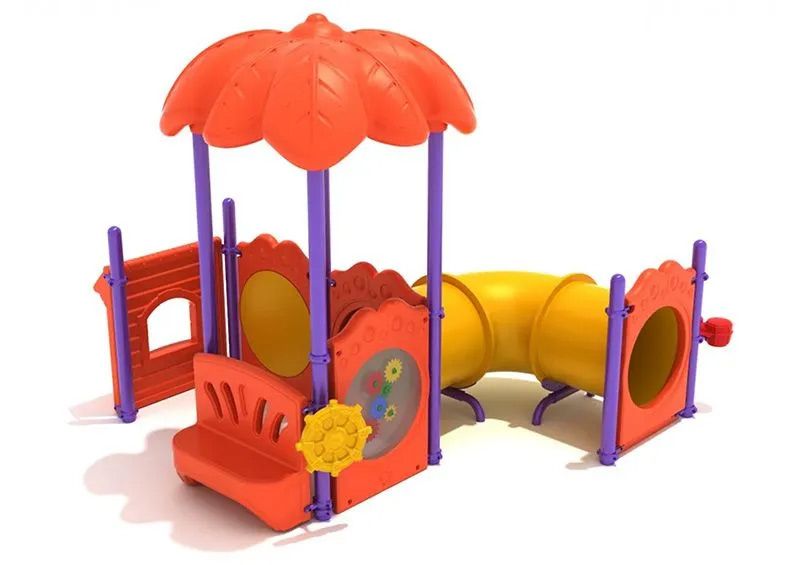 Playground structure with orange roof and tunnel, red, yellow, and purple components.