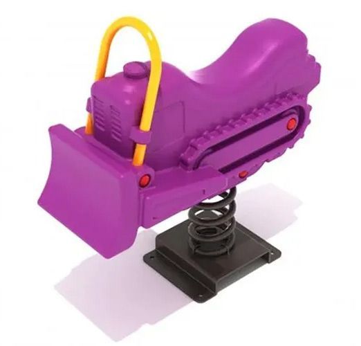 Purple bulldozer spring rider on black base with yellow handle.