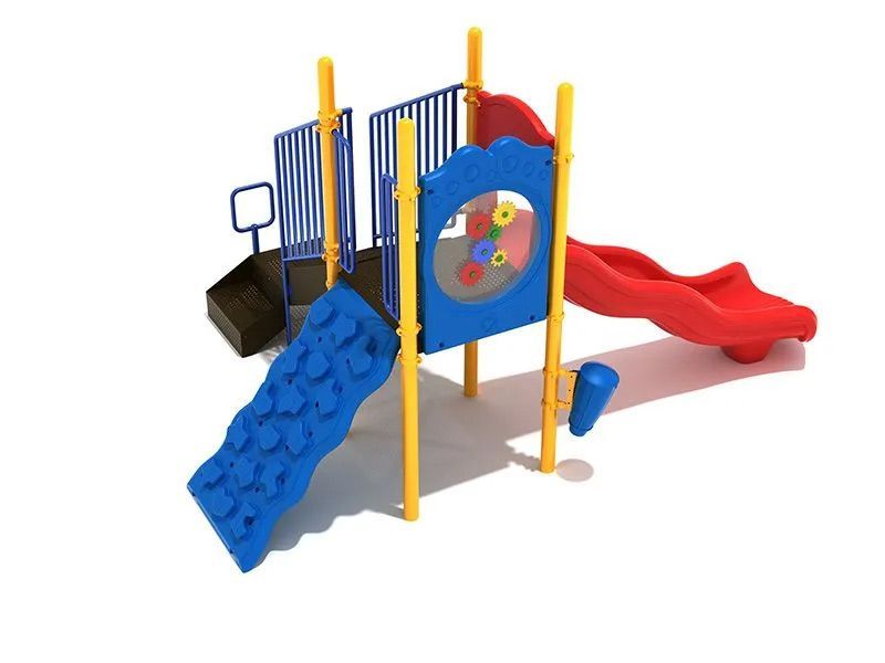Playground with blue climbing wall, red slide, and yellow supports.