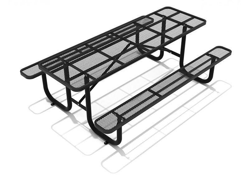 Black metal picnic table with attached benches on a white background, casting a shadow.