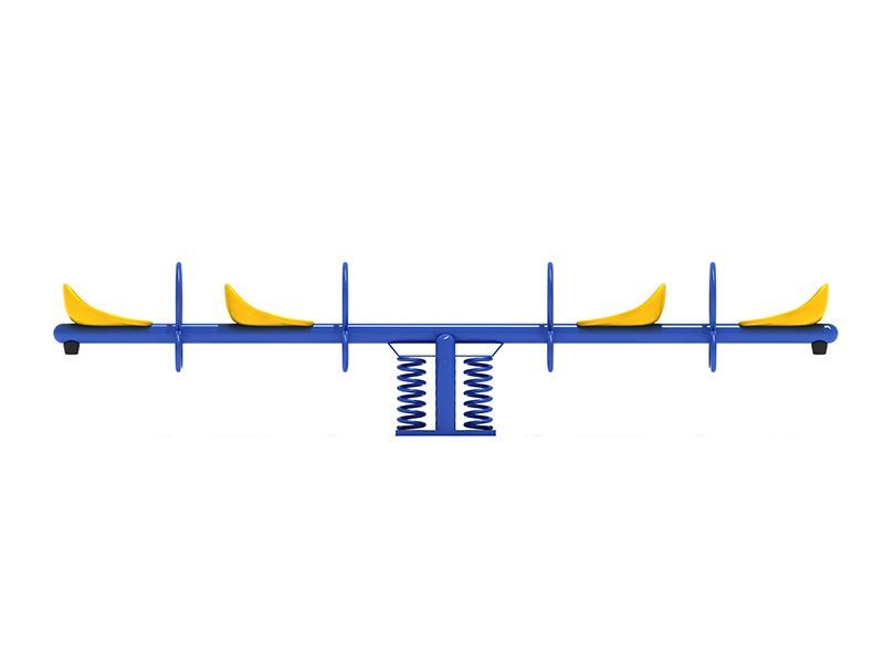Blue and yellow four-person seesaw on a white background, with springs in the center.
