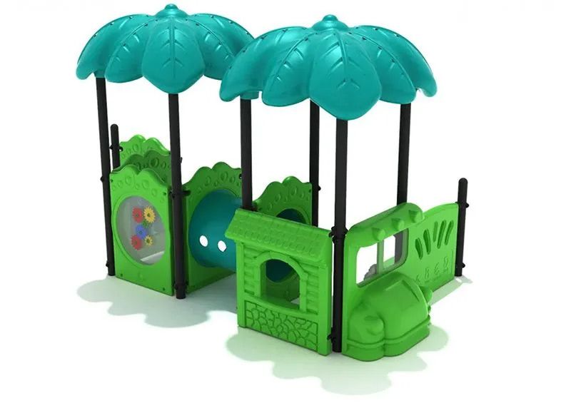 Green and teal playground structure with two canopies, tunnels, and play panels.