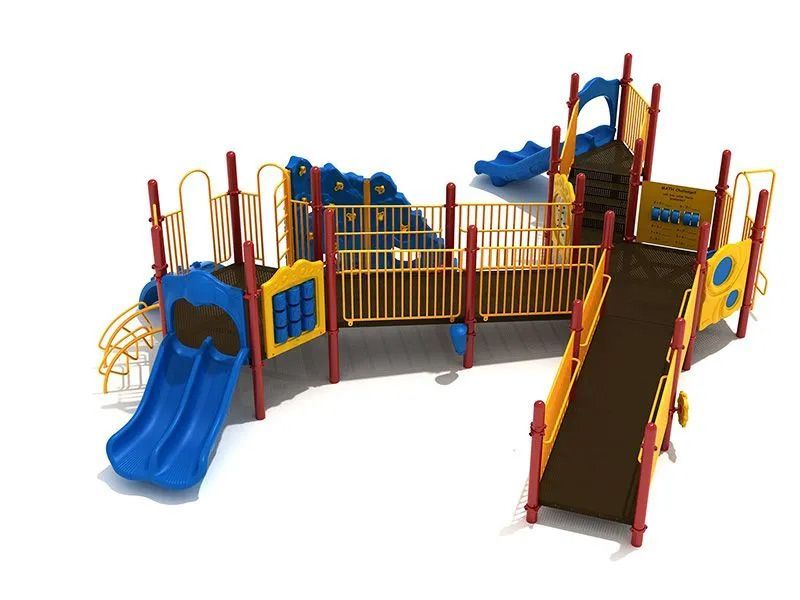 Playground with blue slides, yellow structures, and red railings.