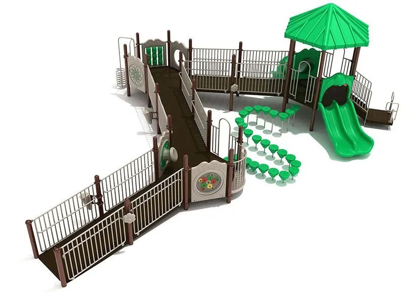 Playground with ramps, platforms, a slide, and a green canopy roof.