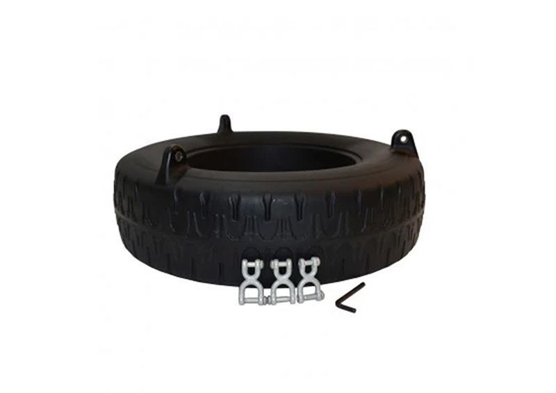 Black tire swing with mounting hardware.