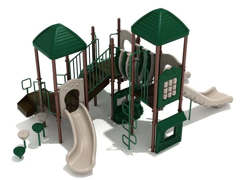 Playground structure with tan slides, green roofs, and ladders on a white background.