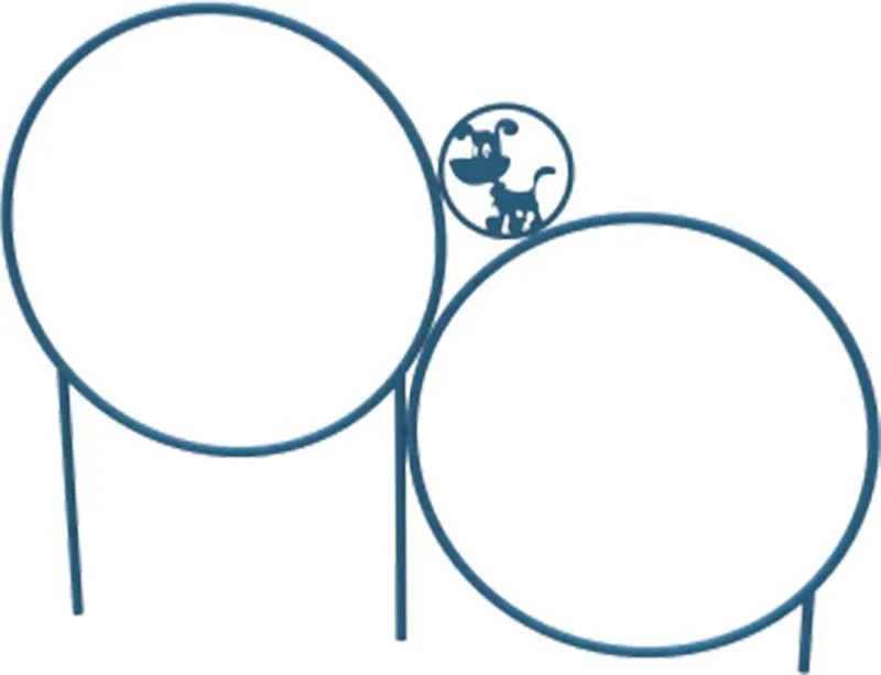 Dog leaping through hoops in a playful outdoor agility course; blue outline.