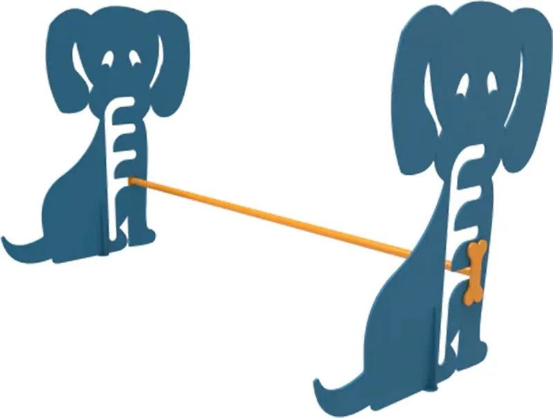 Two blue dog silhouettes connected by a horizontal tan pole. The dog on the right has a bone.