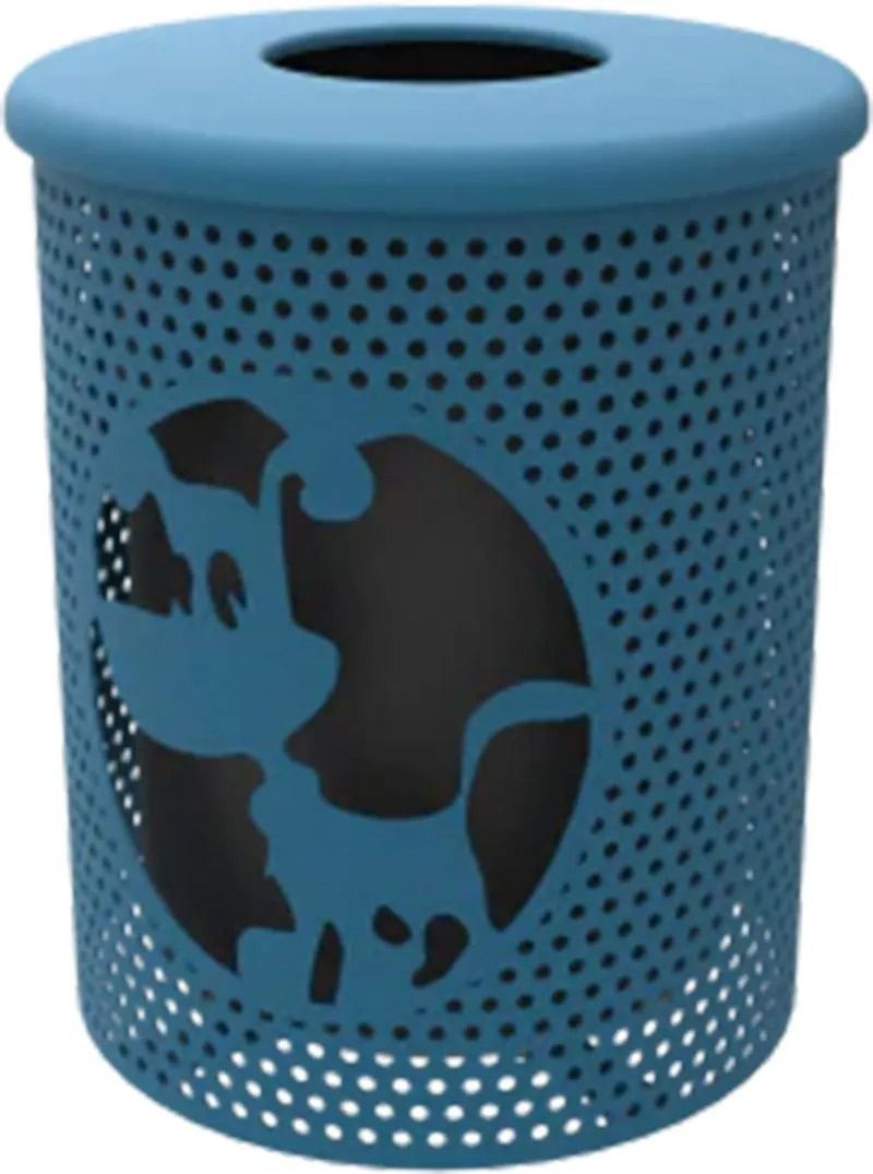 Blue, cylindrical trash can with a cow cutout design.