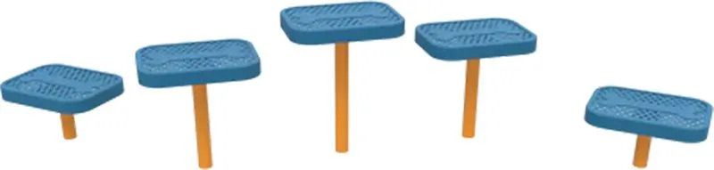 Five blue mushroom-shaped play structures with orange stems are positioned at various heights.