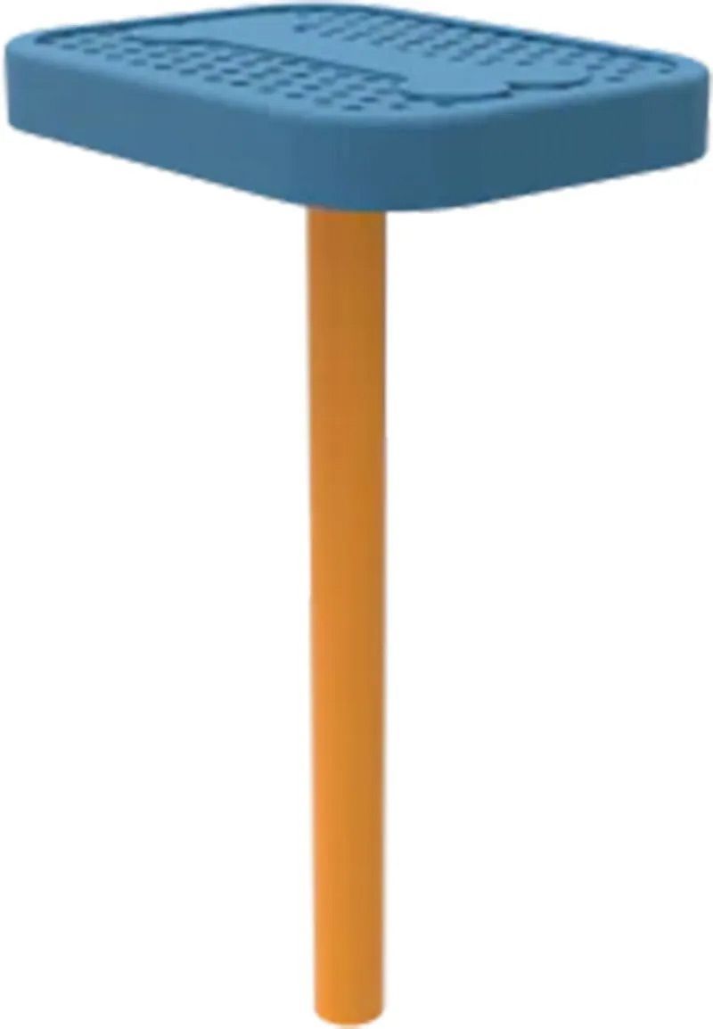 Blue tabletop on orange pole; part of playground equipment.