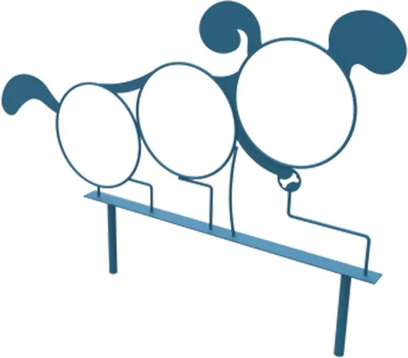 Blue dog-shaped playground equipment with three large, circular openings.