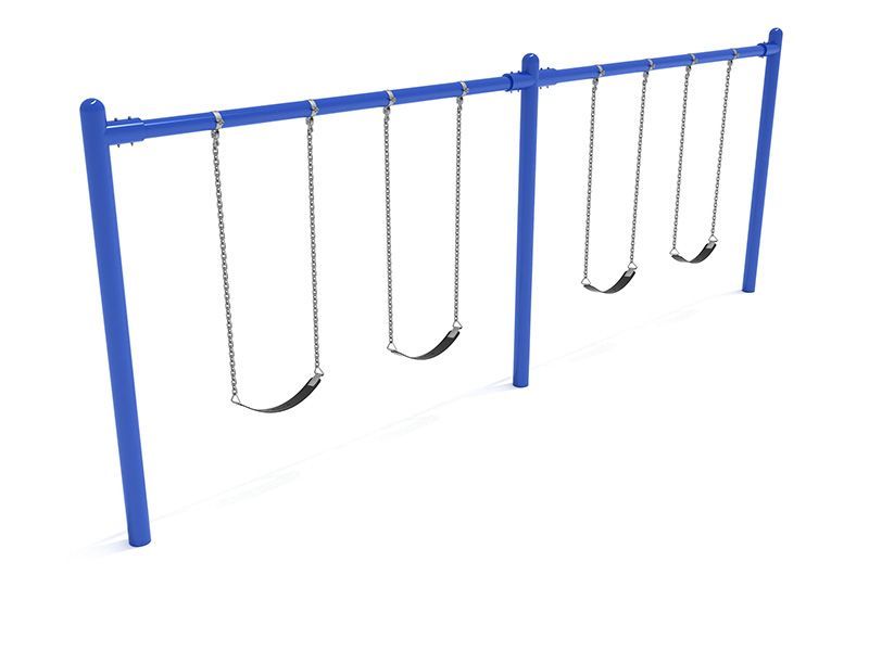 Blue swing set with five swings on a white background.