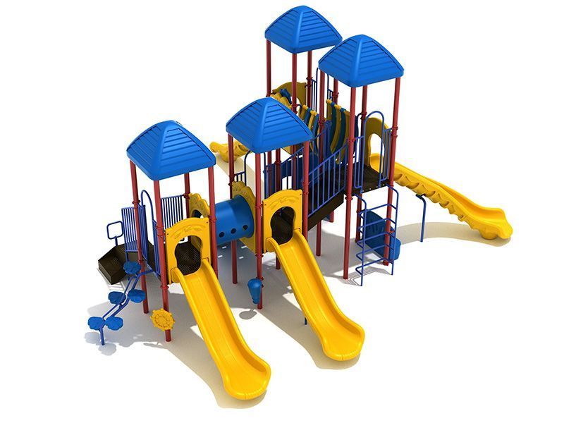Playground with blue roofs, yellow slides, and various climbing structures on a white background.