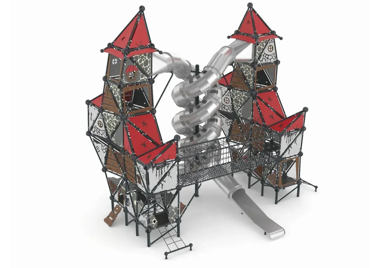 Model of a futuristic tower with red roofs and a large silver spiral slide-like structure