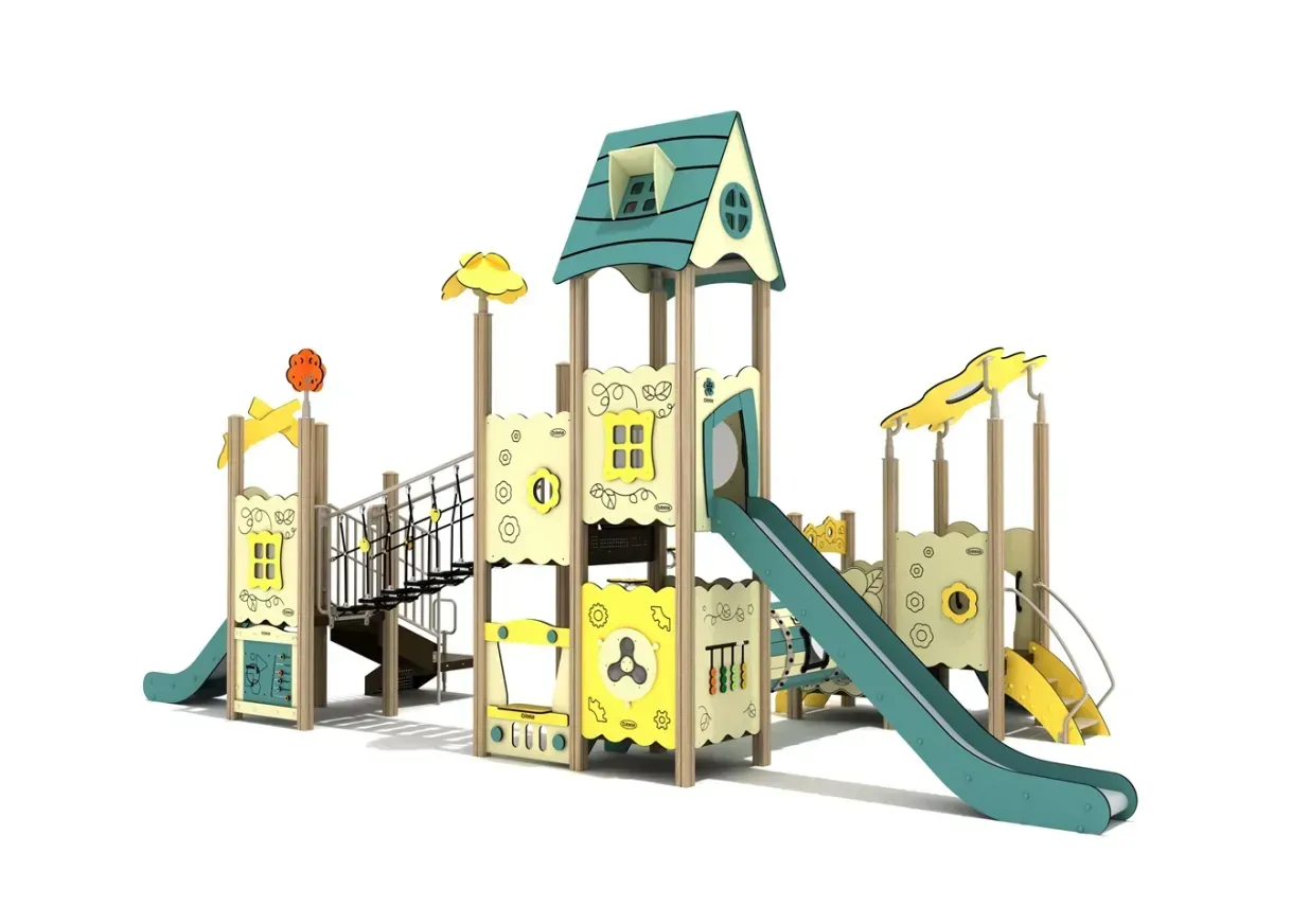 Outdoor children’s playground with teal slides, yellow climbing towers, and bridges
