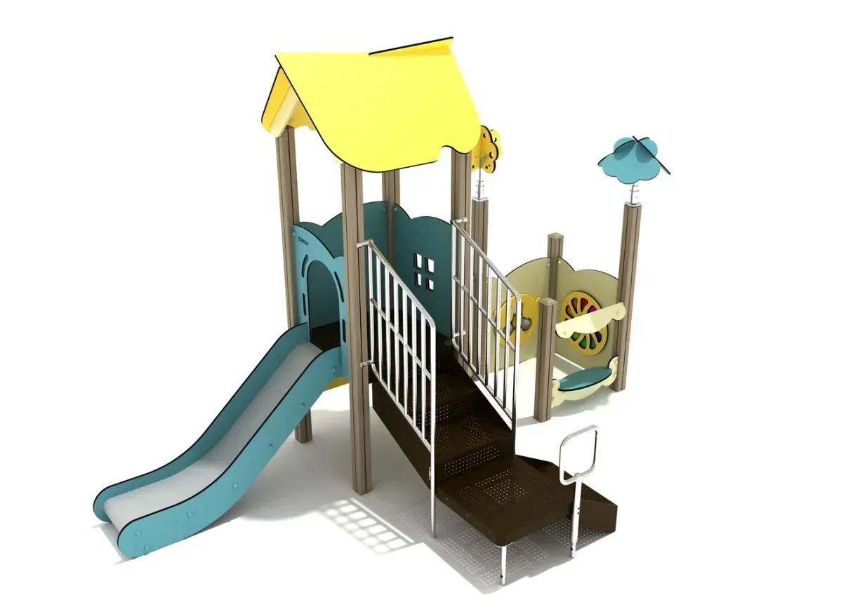 Colorful playground set with blue slide, yellow roof, climbing stairs, and small platform houses