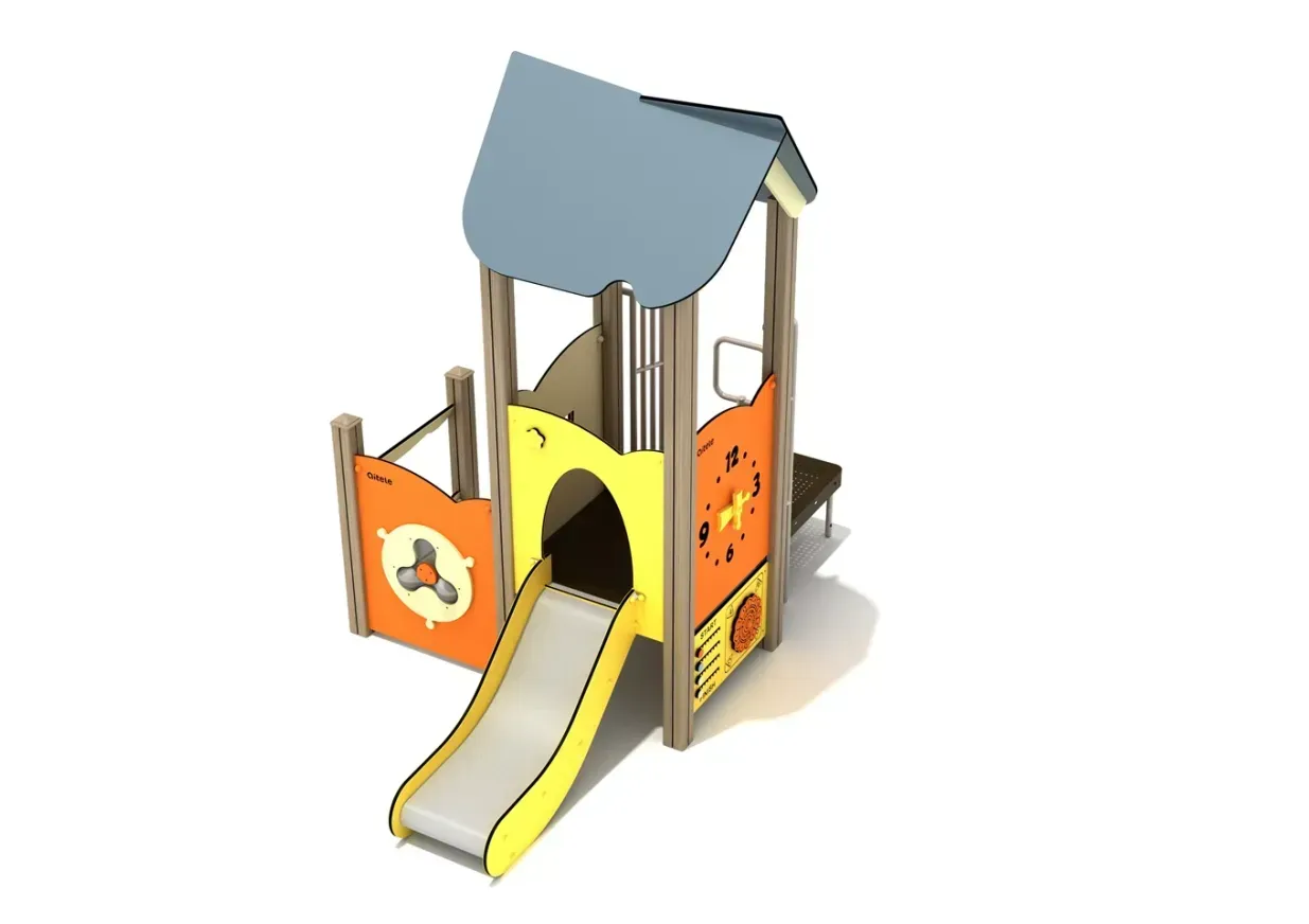 Small colorful children's playhouse with slide and roof, shown on a white background