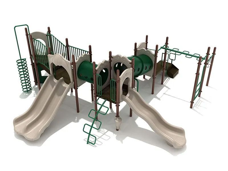 Playground with slides, tunnel, steps, monkey bars, and a spring-loaded climbing element. Beige and green colors.