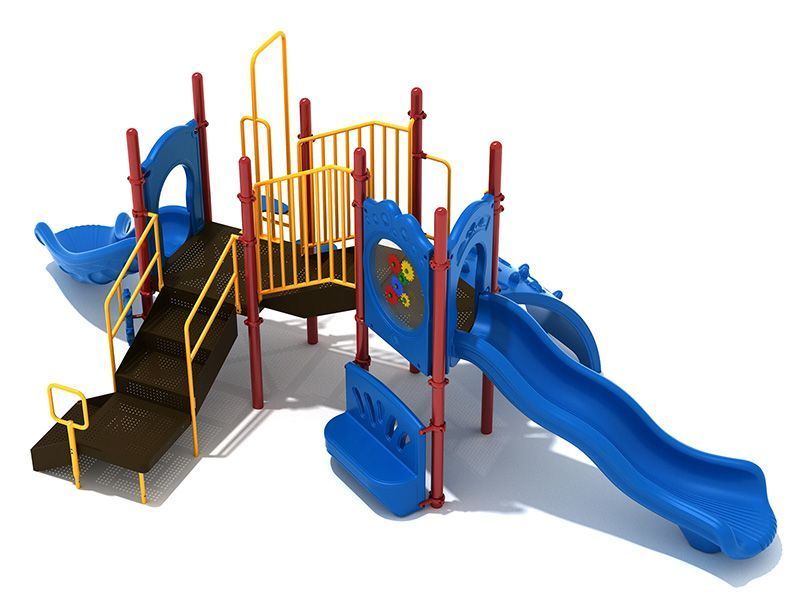 Playground with blue slides, steps, and yellow railings.