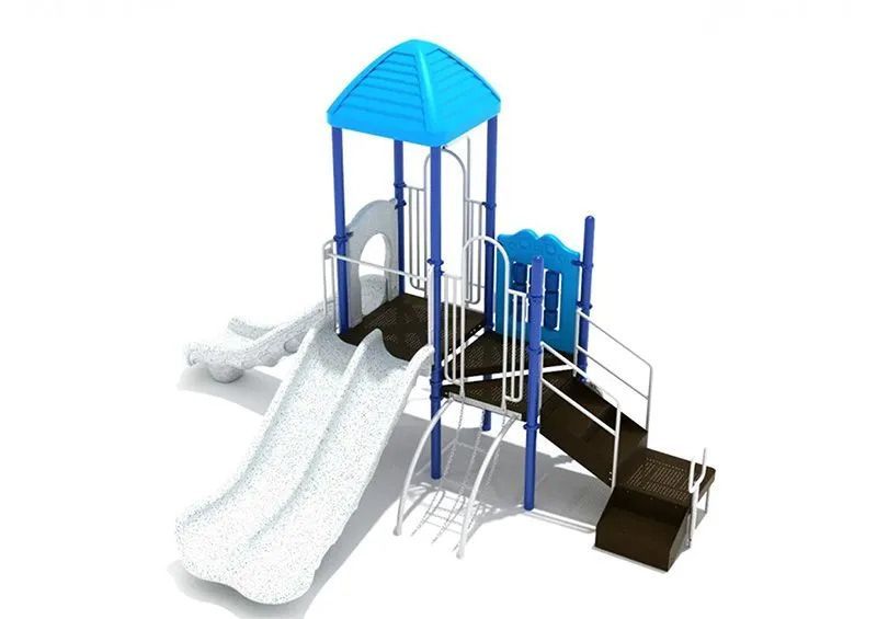 Playground structure with two slides, stairs, and a blue roof.