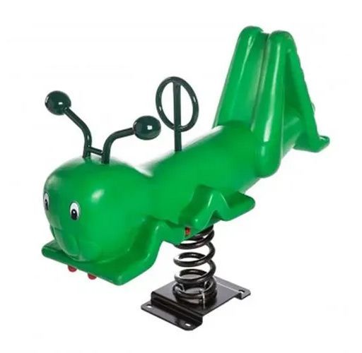 Green grasshopper spring rider on a black base for playground use.