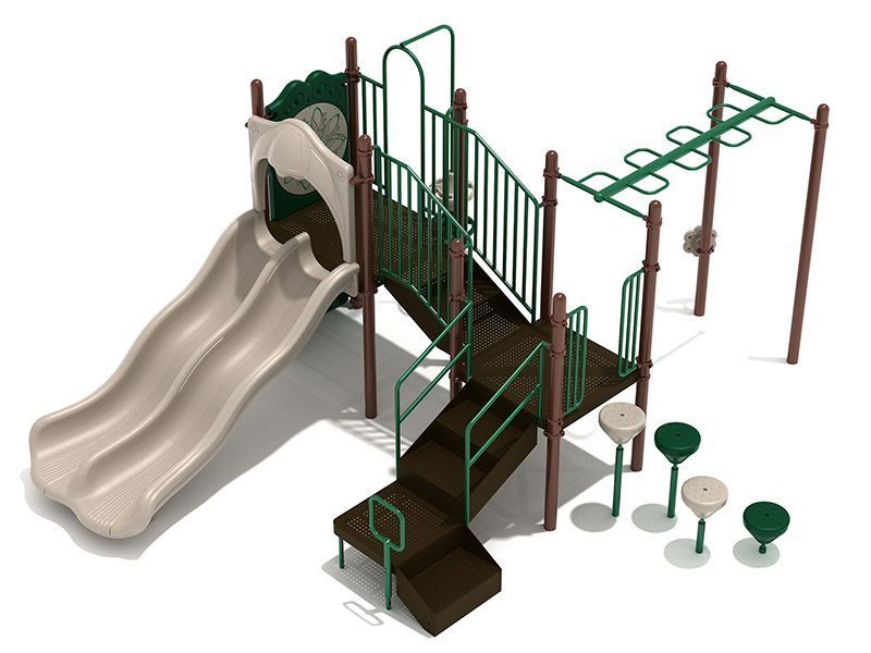 Playground with beige slide, green stairs, and monkey bars.