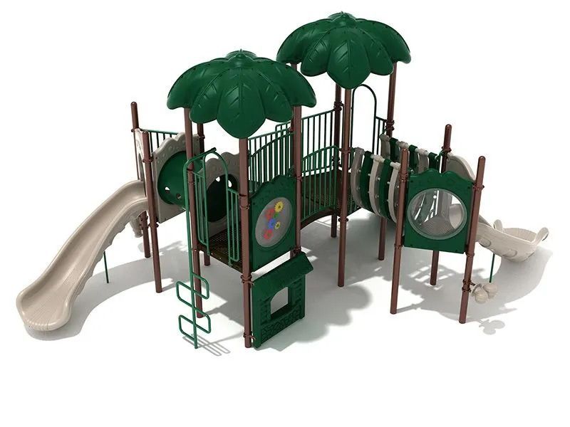 Playground with slides, tunnels, ladders, and leafy green roofs; beige and green.