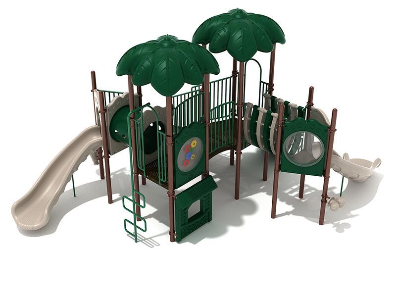 Playground structure with slides, tunnels, and leafy green roofs.