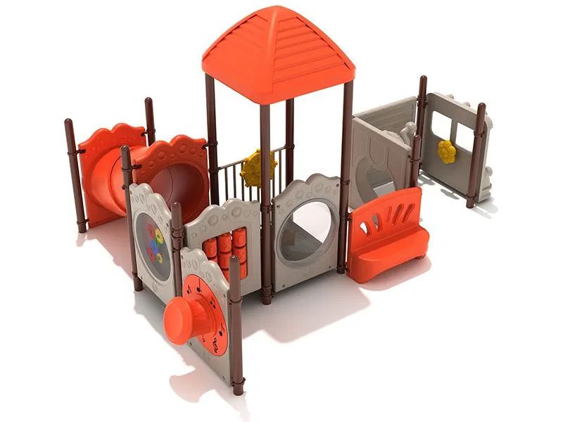Playground structure with orange roof and tunnel, various interactive panels, and neutral-toned walls.