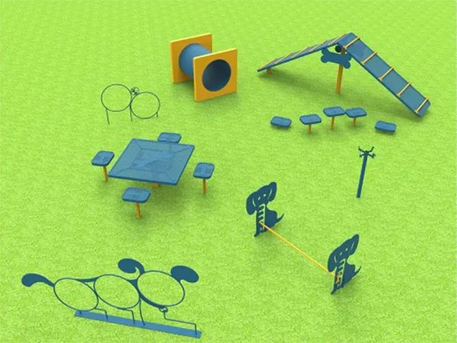 Dog agility course on green grass with various blue and yellow obstacles.