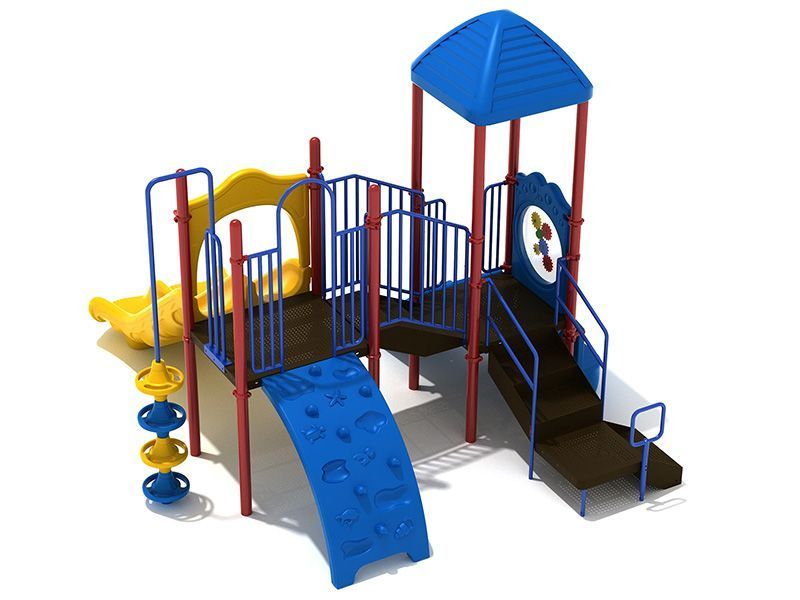 Playground with blue, yellow, and red elements; includes a climbing wall, stairs, and slide.