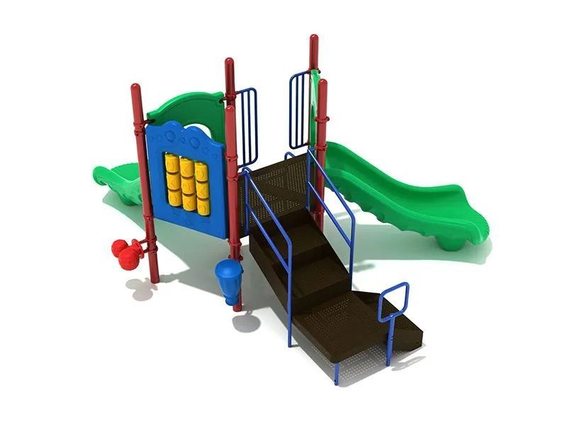 Playground with green slide and climbing stairs, blue, red, and yellow accents.