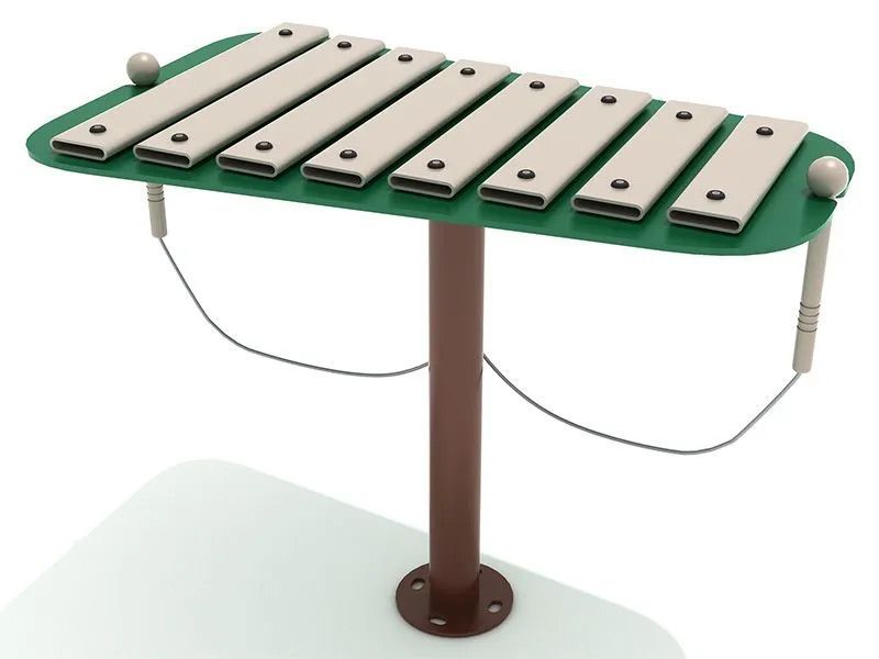 Outdoor xylophone with green frame, brown post, and white keys. Includes mallets.